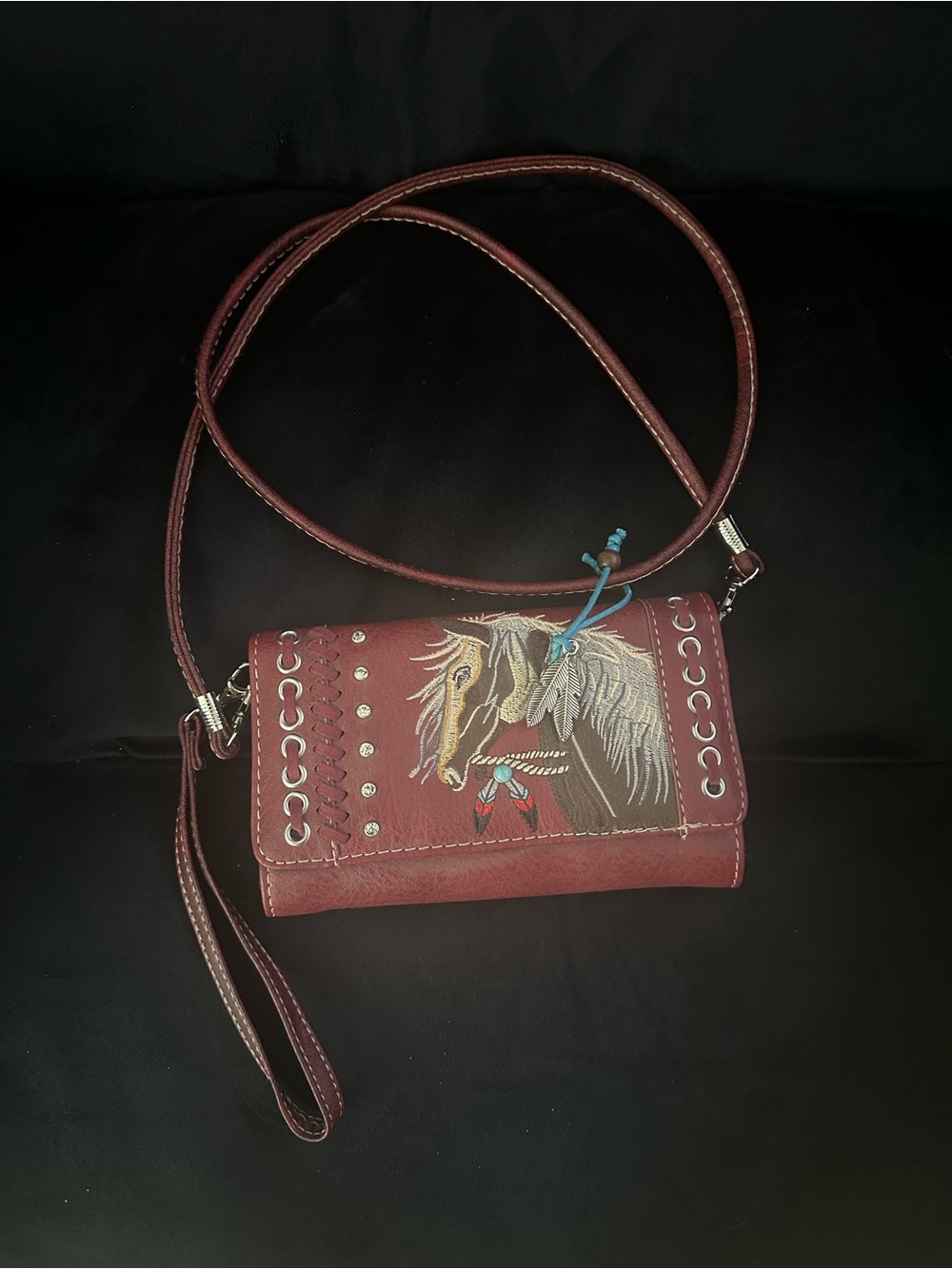 Burgundy Leather Crossbody Wallet with Horse Embroidery